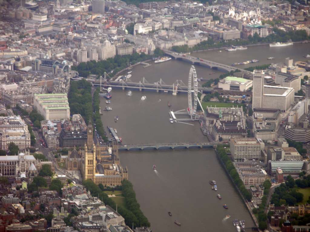 London 01 01 From Air London is the largest city in Europe, and a favourite of mine. I have visited London more often than any other place. We flew in over the city centre with the Parliament Buildings and Westminster Abbey to the left of the Thames and the London Eye on the opposite bank. The tree-lined Embankment snakes along side the river with Cleopatras Needle and just above the last bridge the Somerset House.
